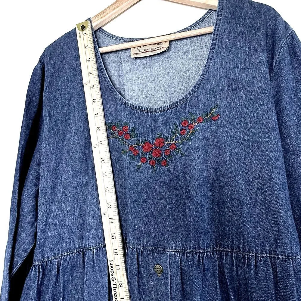 Studio West Denim Dress Embroidered Floral Cottagecore Maxi long sleeve one size - Picture 3 of 10